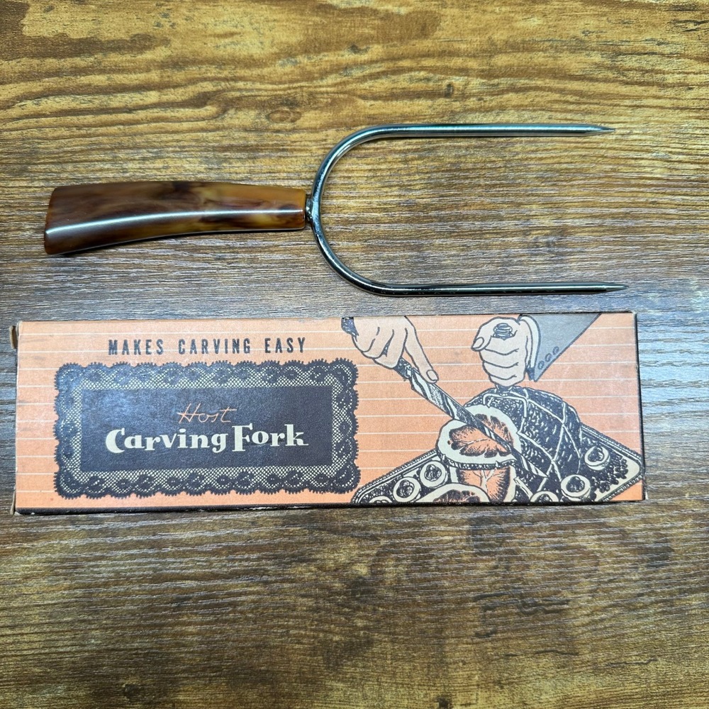 Vintage Host Carving Fork 315 Langner Mfg Co USA‎ Faux Horn Handle Mid Century
